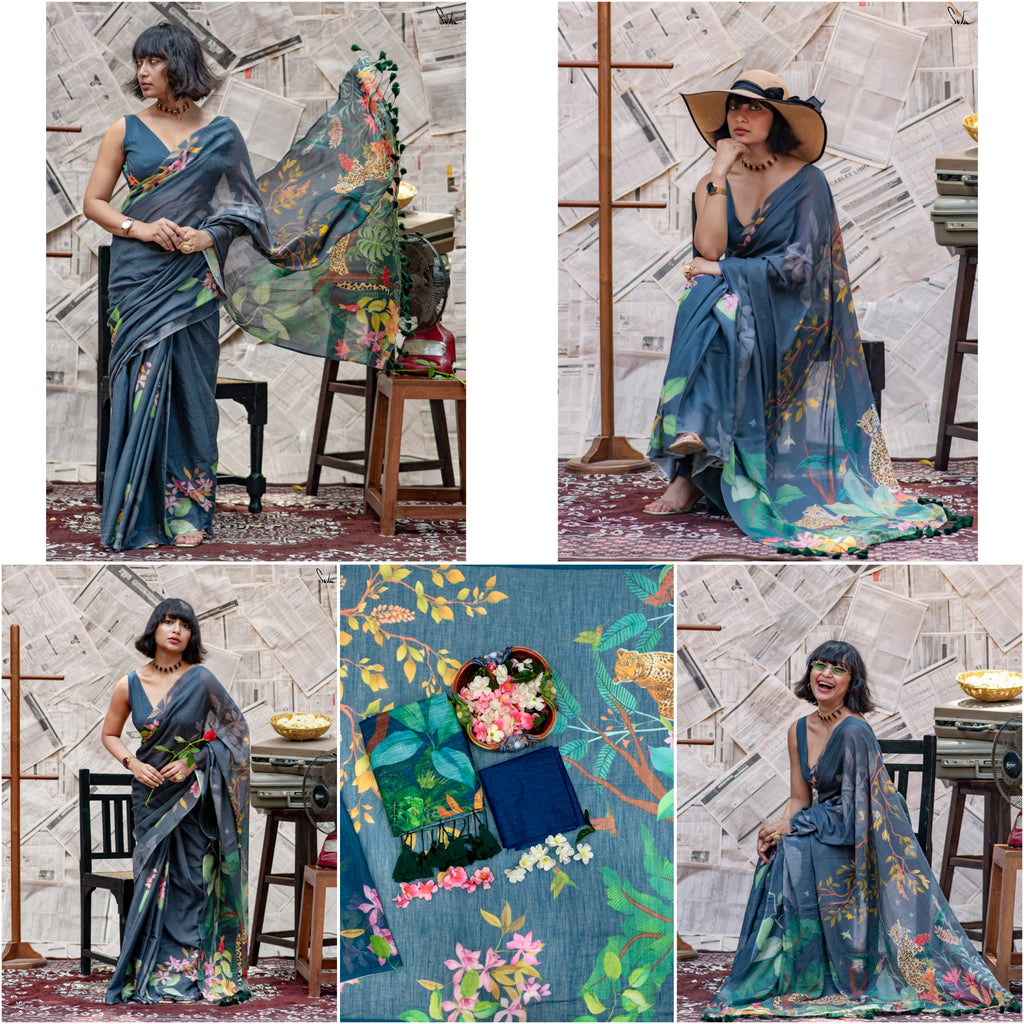 Elegant Heritage Tussle Premium Linen Cotton Digital Printed Saree with Satin Banglory Blouse