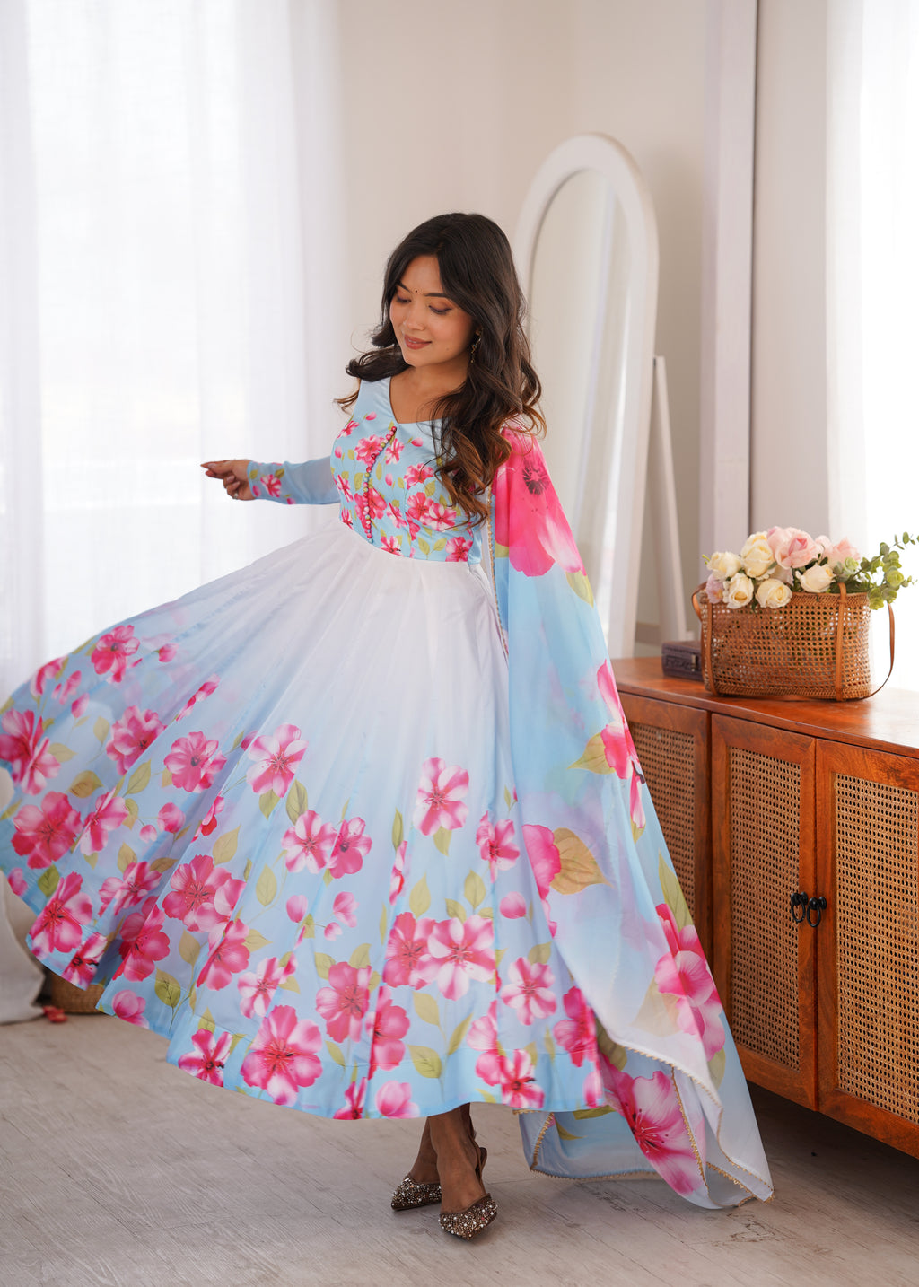Black Floral Printed Organza Silk Anarkali Gown with Gota Patti Dupatta & Pant Set
