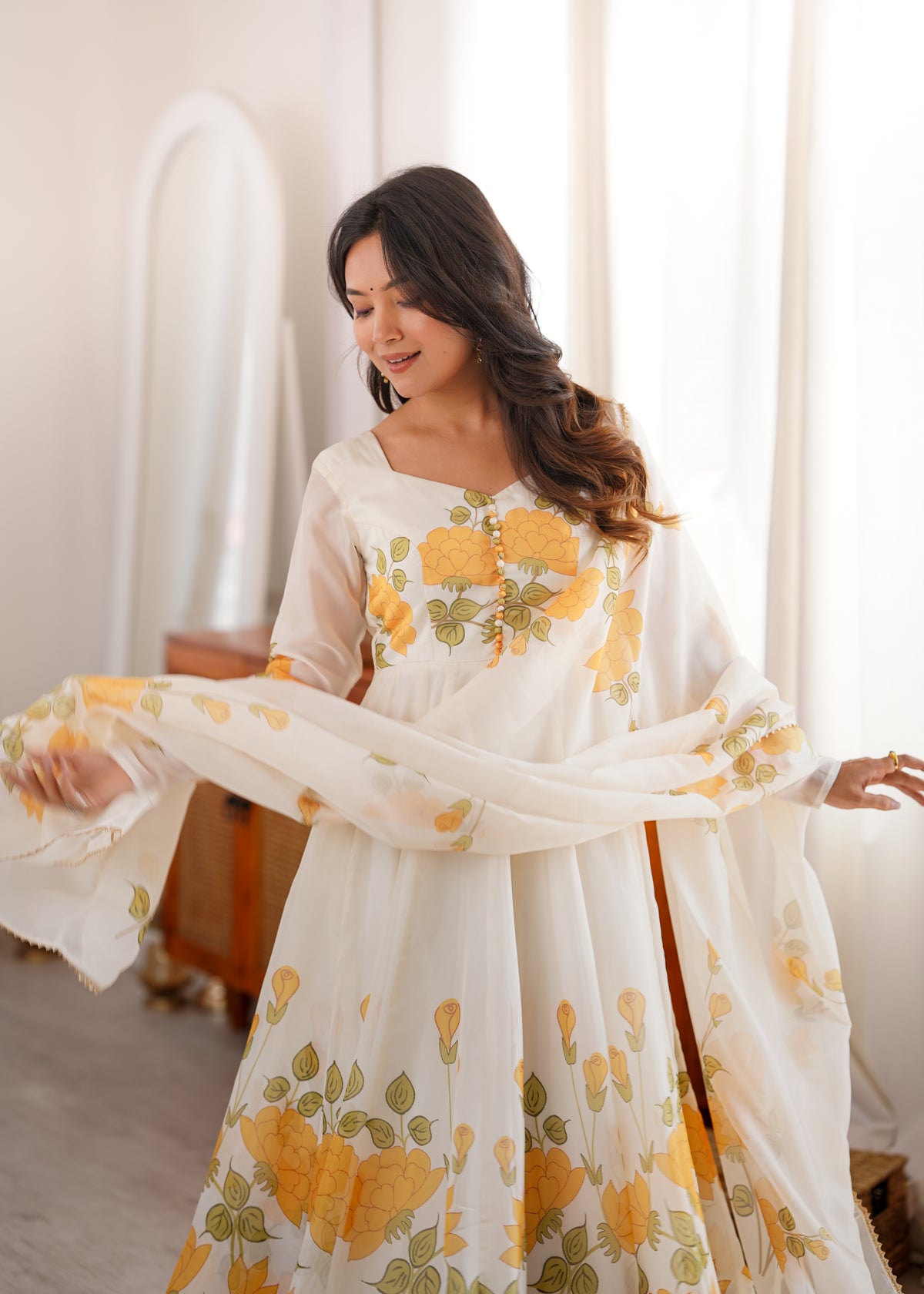 Floral Printed Organza Silk 4-Meter Flared Anarkali Suit Set with Dupatta & Pant