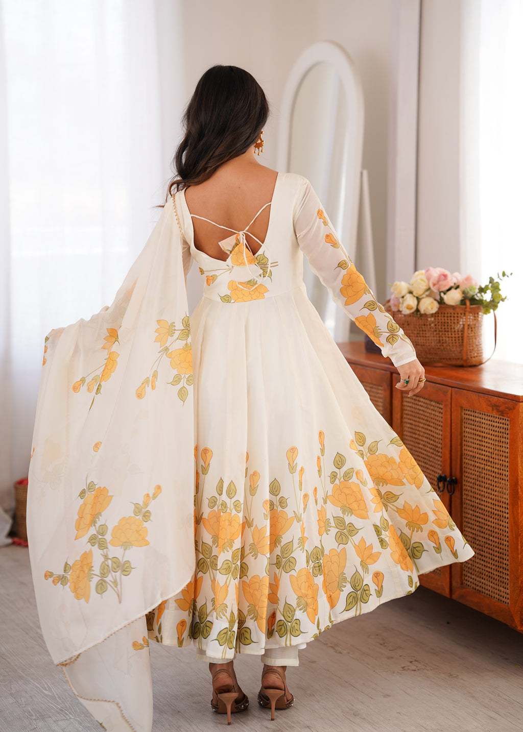 Floral Printed Organza Silk 4-Meter Flared Anarkali Suit Set with Dupatta & Pant
