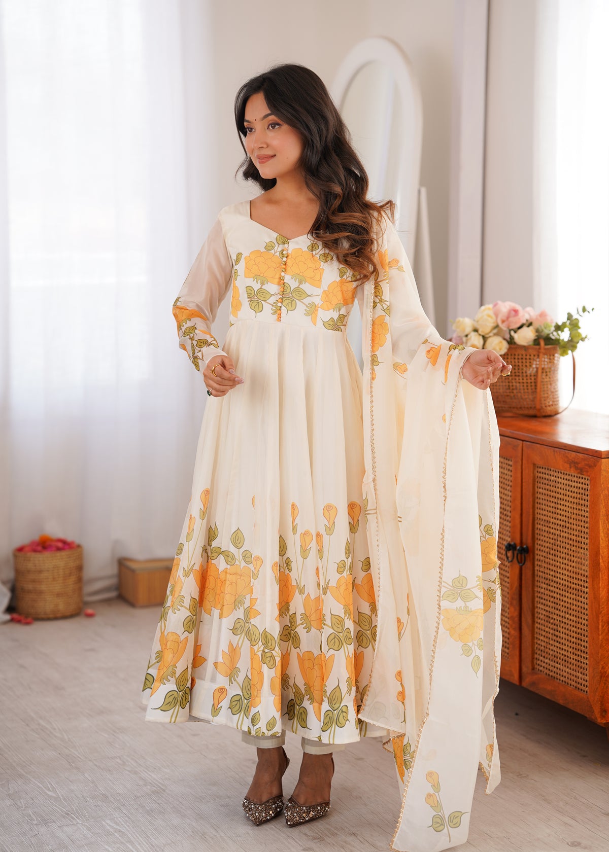 Floral Printed Organza Silk 4-Meter Flared Anarkali Suit Set with Dupatta & Pant