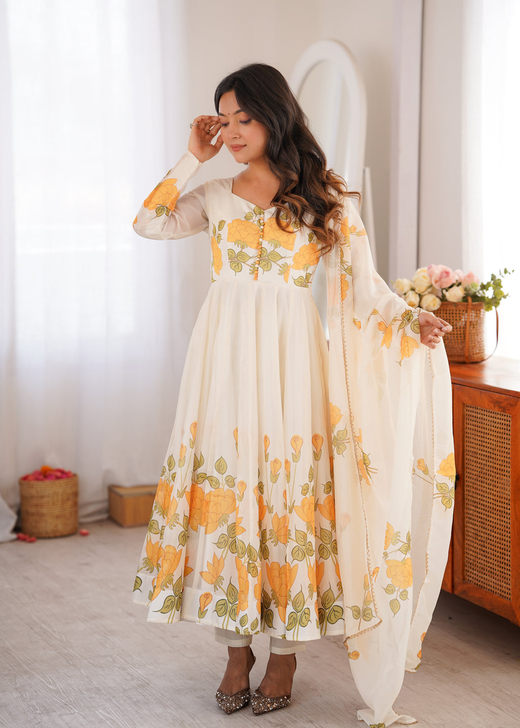 Floral Printed Organza Silk 4-Meter Flared Anarkali Suit Set with Dupatta & Pant