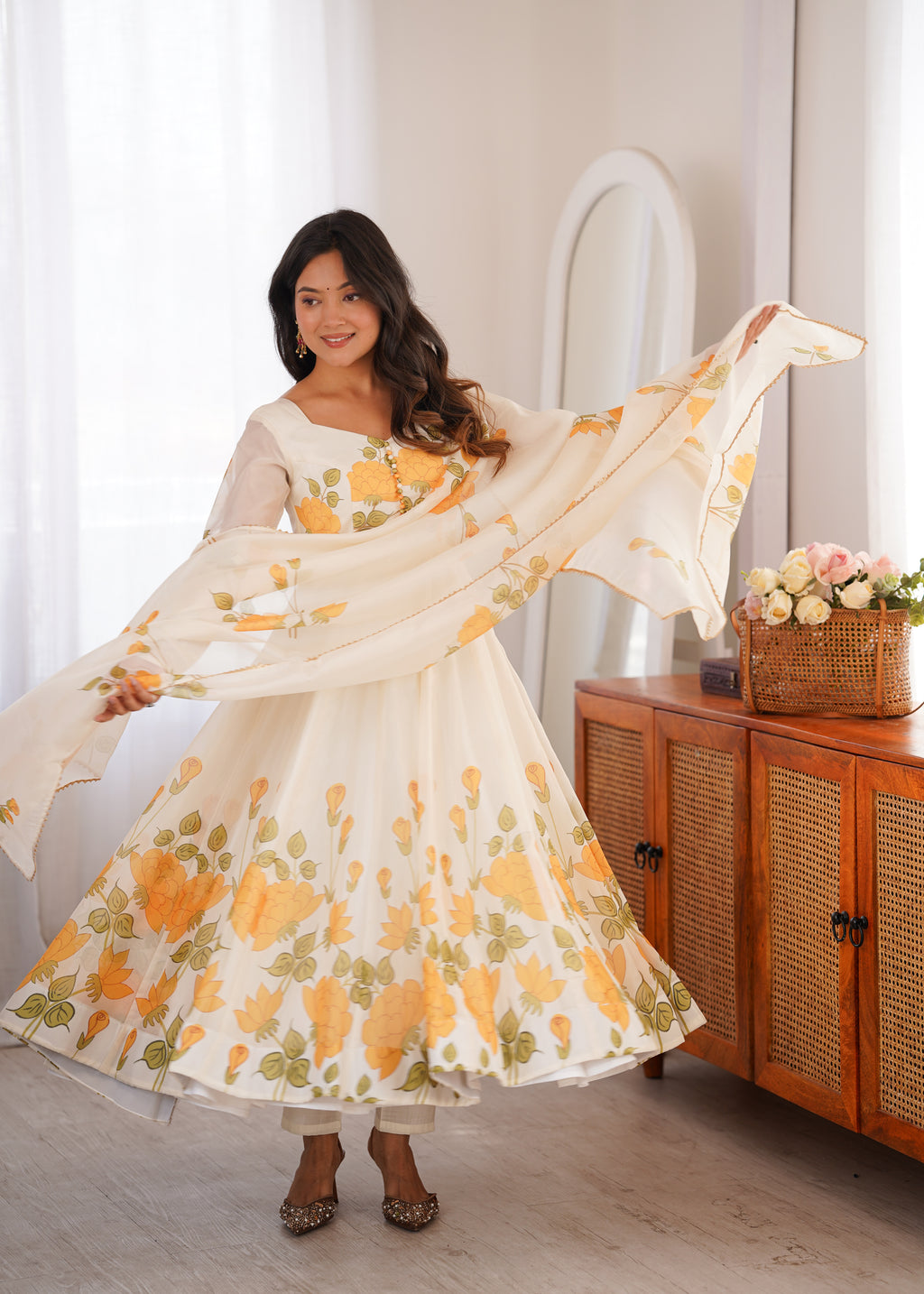 Floral Printed Organza Silk 4-Meter Flared Anarkali Suit Set with Dupatta & Pant