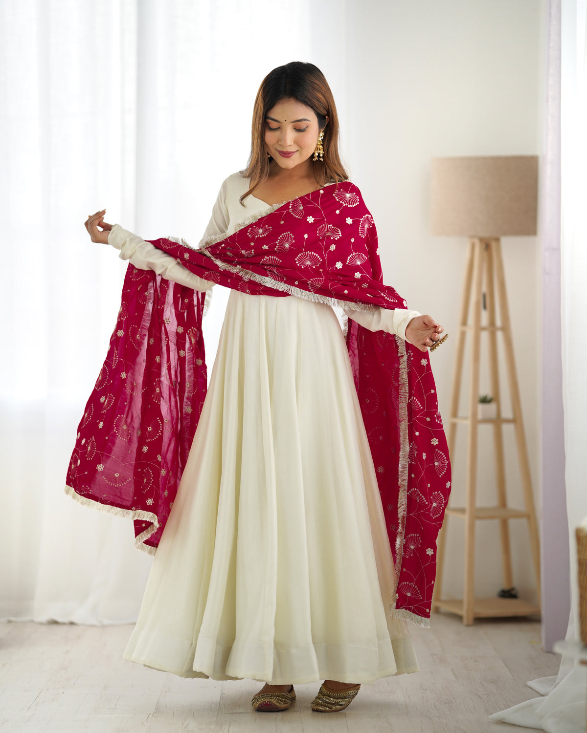 Vichitra Silk 4M Flair Kali Anarkali Set with Canvas Patta & Shawl-Style Lace Dupatta