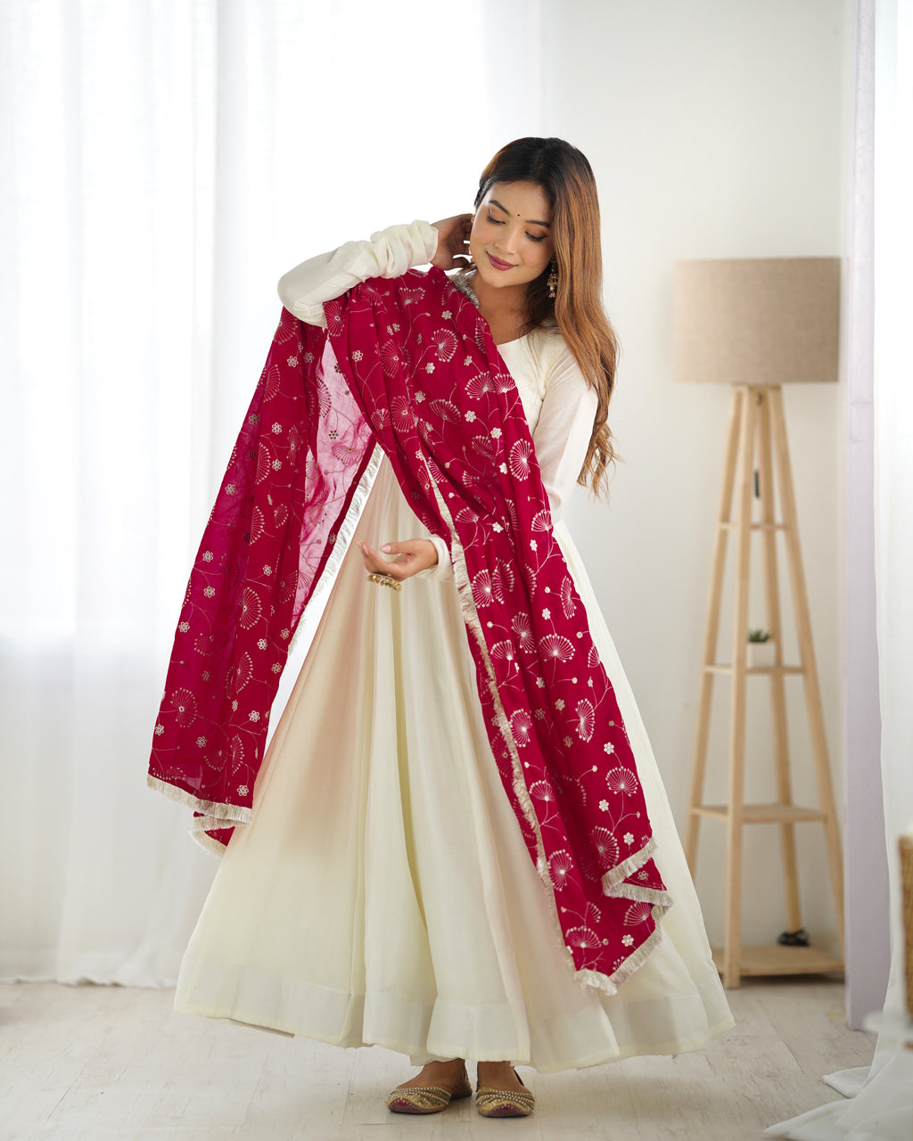 Vichitra Silk 4M Flair Kali Anarkali Set with Canvas Patta & Shawl-Style Lace Dupatta