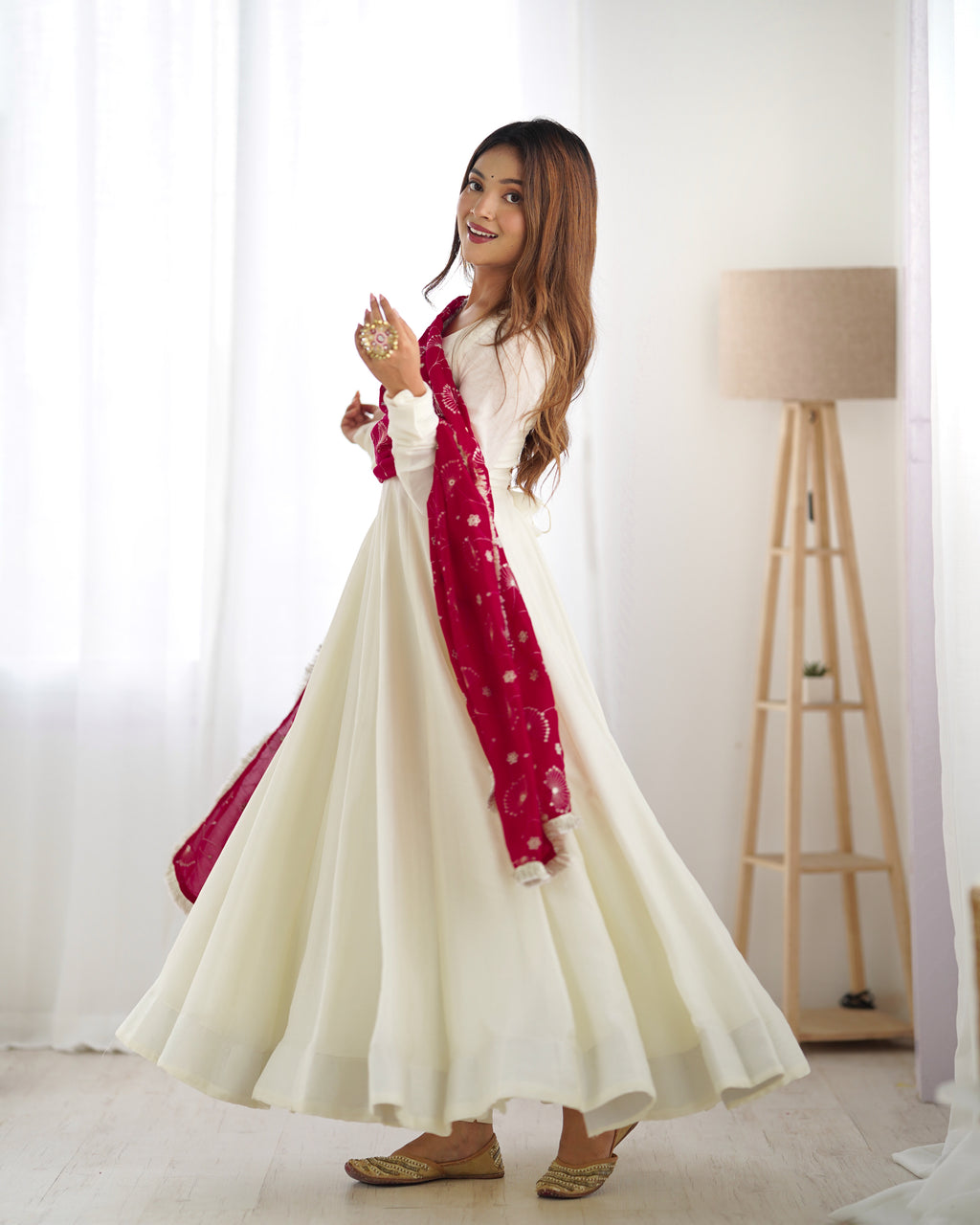 Vichitra Silk 4M Flair Kali Anarkali Set with Canvas Patta & Shawl-Style Lace Dupatta