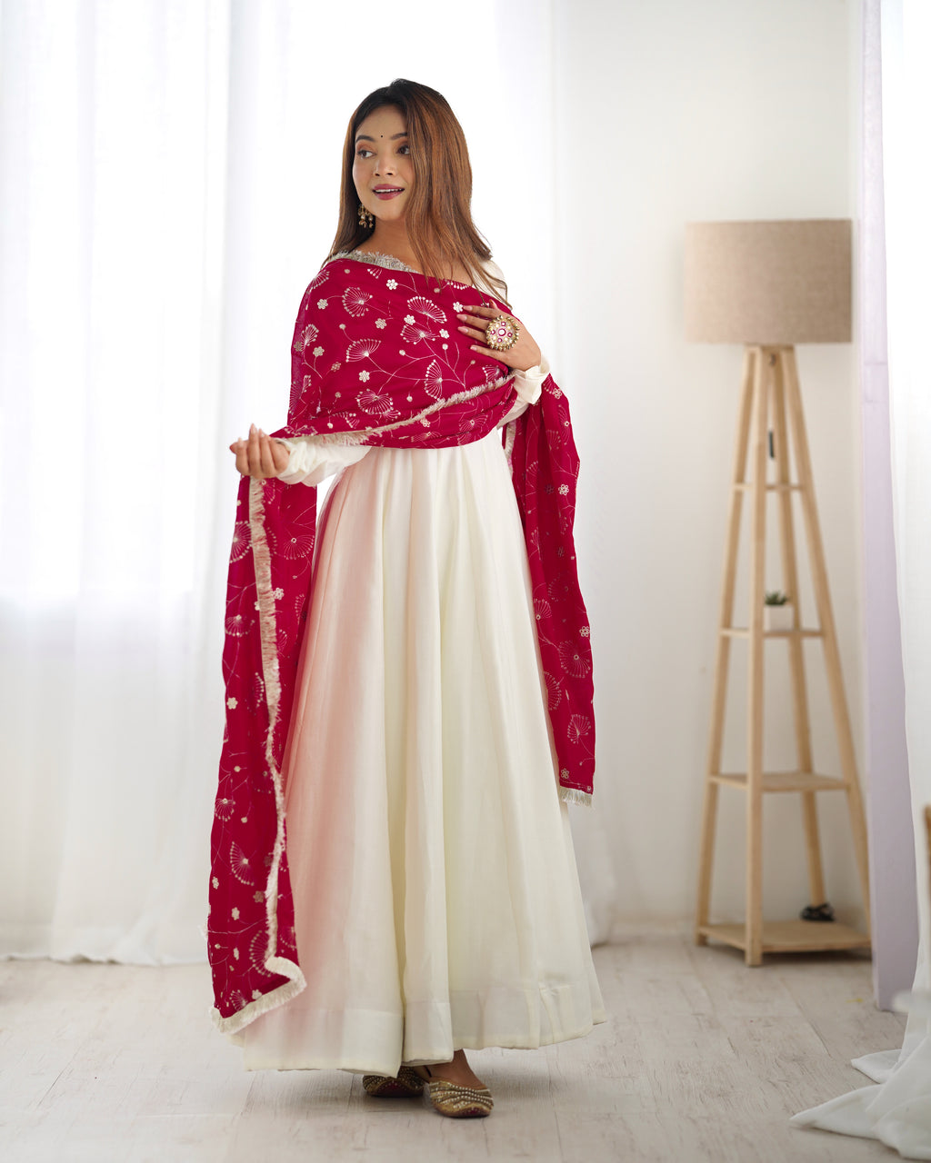 Vichitra Silk 4M Flair Kali Anarkali Set with Canvas Patta & Shawl-Style Lace Dupatta