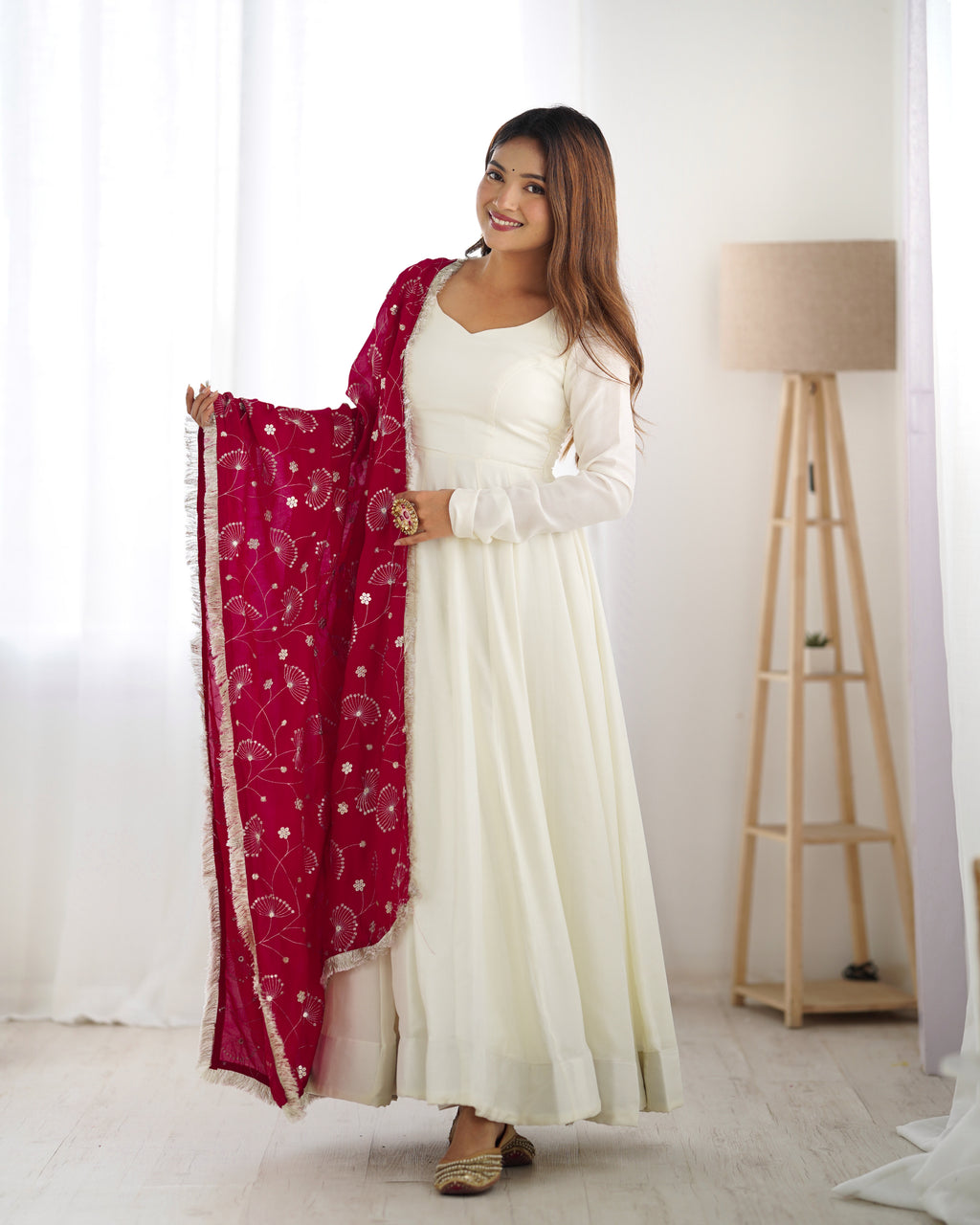 Vichitra Silk 4M Flair Kali Anarkali Set with Canvas Patta & Shawl-Style Lace Dupatta