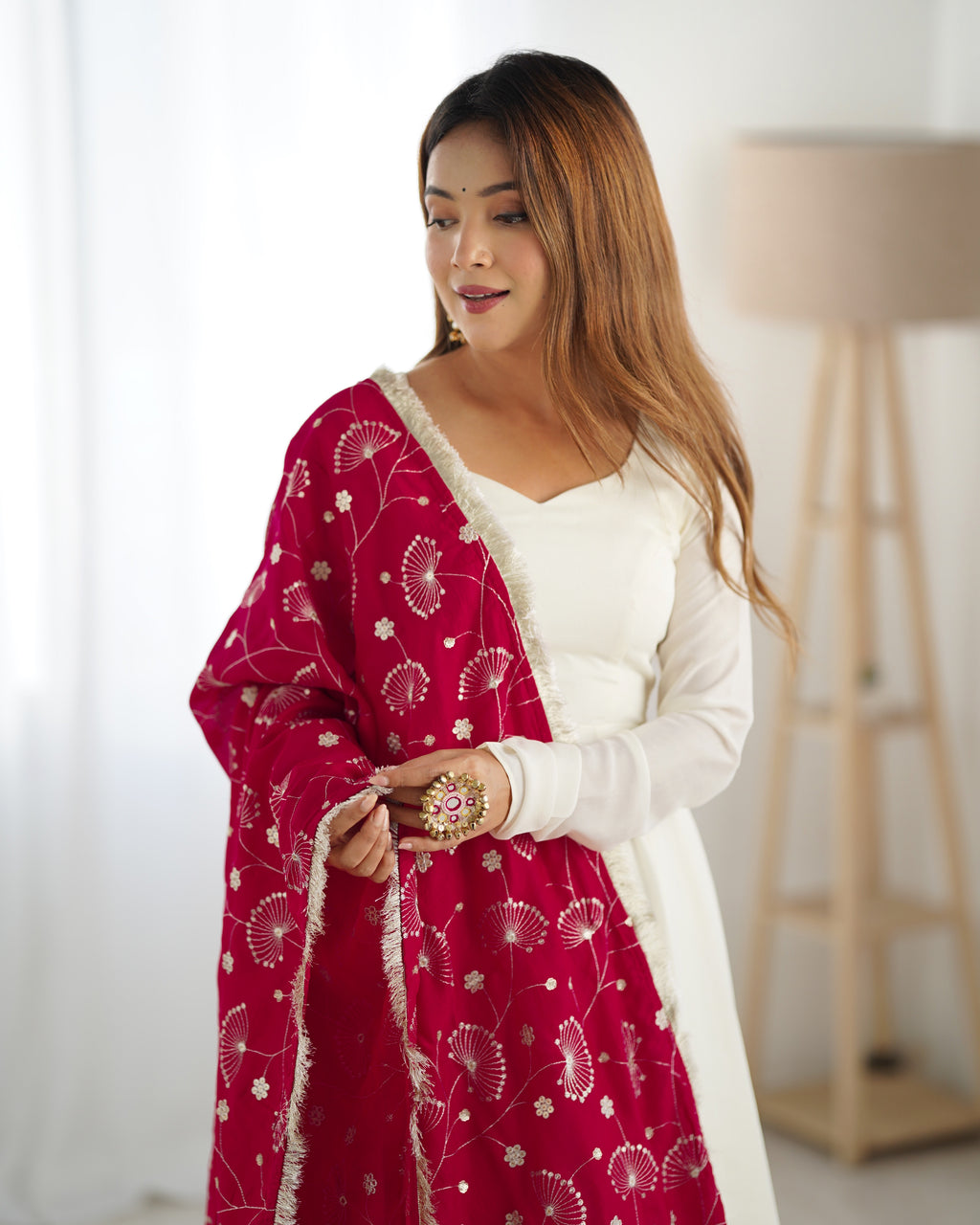Vichitra Silk 4M Flair Kali Anarkali Set with Canvas Patta & Shawl-Style Lace Dupatta