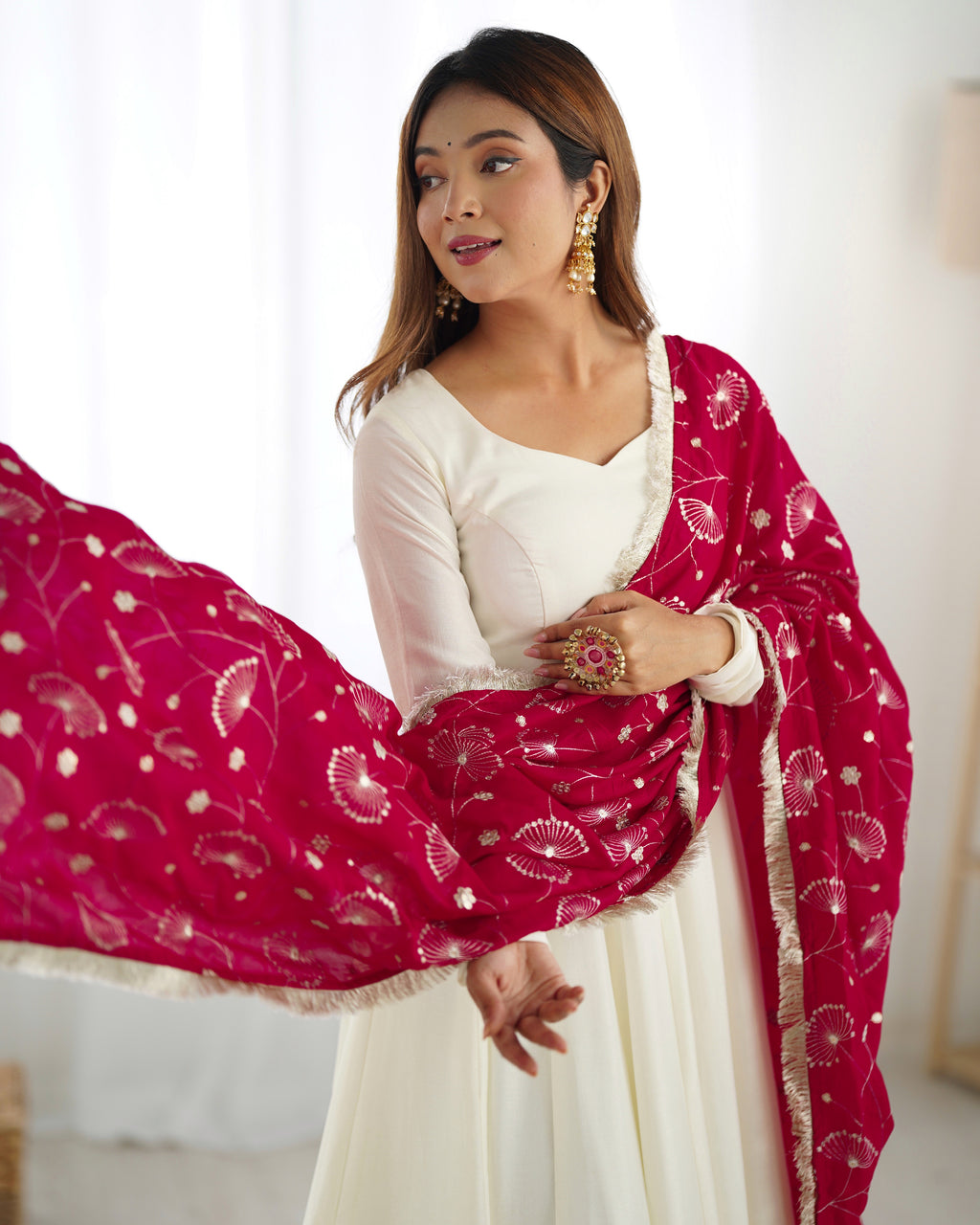 Vichitra Silk 4M Flair Kali Anarkali Set with Canvas Patta & Shawl-Style Lace Dupatta
