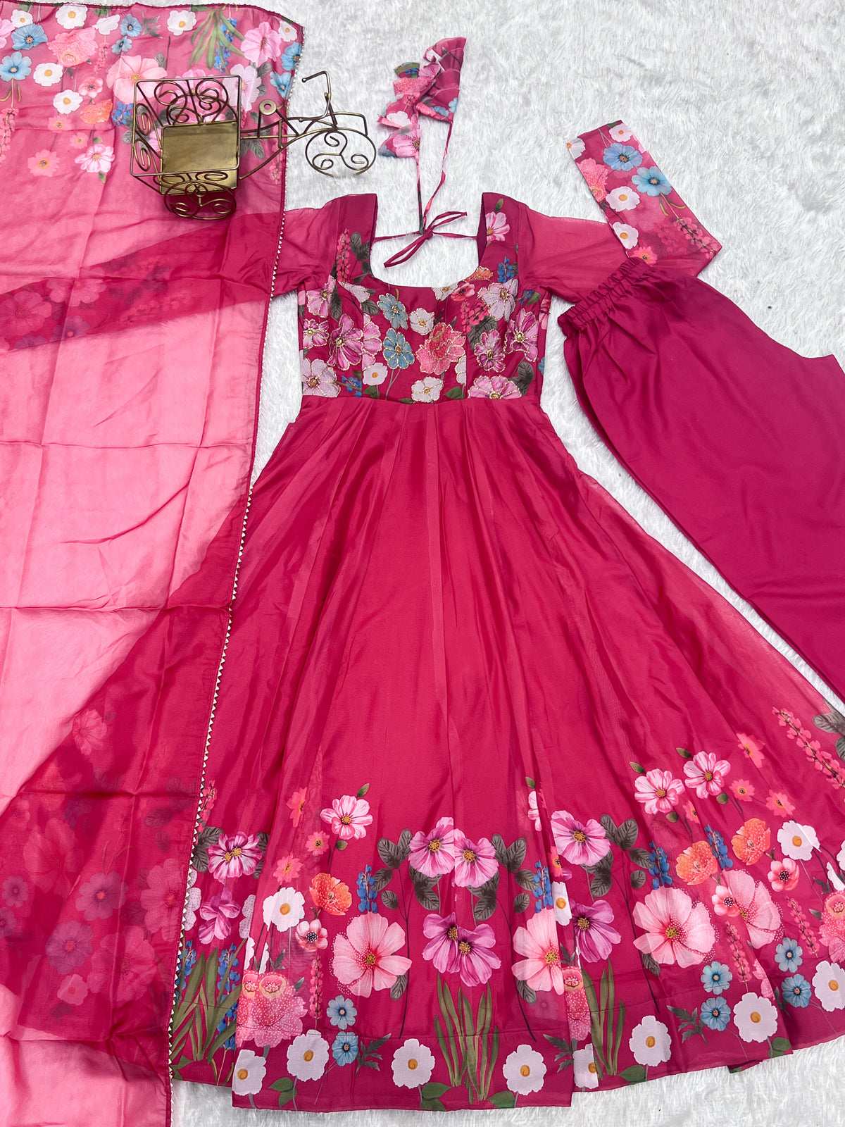 Floral Organza Silk Printed Anarkali with Badla Jari Handwork & Gota Patti Dupatta