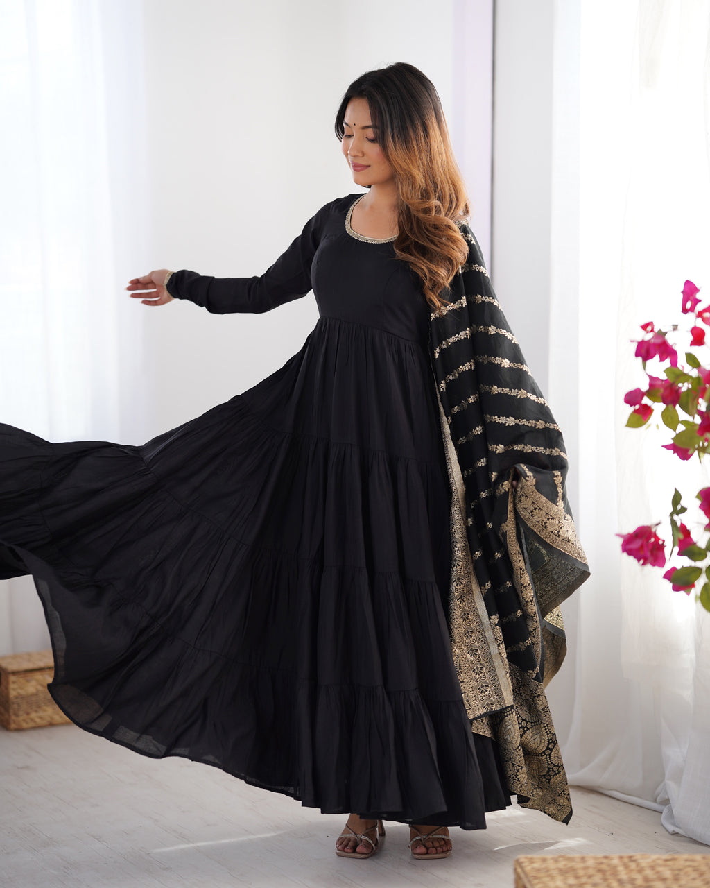 Romansilk Chanderi 9M+ Flair Anarkali Set with Padded Yoke & Banarasi Jacquard Dupatta