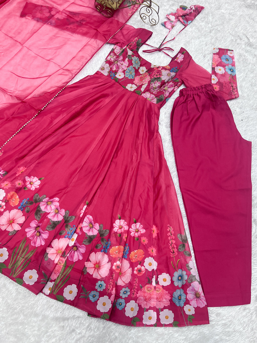 Floral Organza Silk Printed Anarkali with Badla Jari Handwork & Gota Patti Dupatta