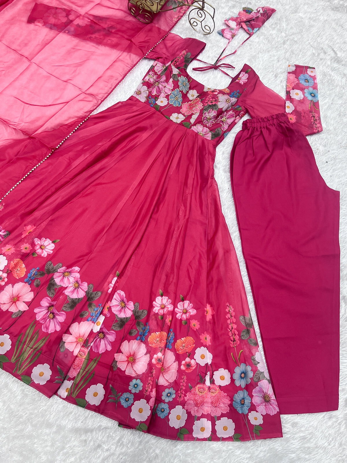 Floral Organza Silk Printed Anarkali with Badla Jari Handwork & Gota Patti Dupatta
