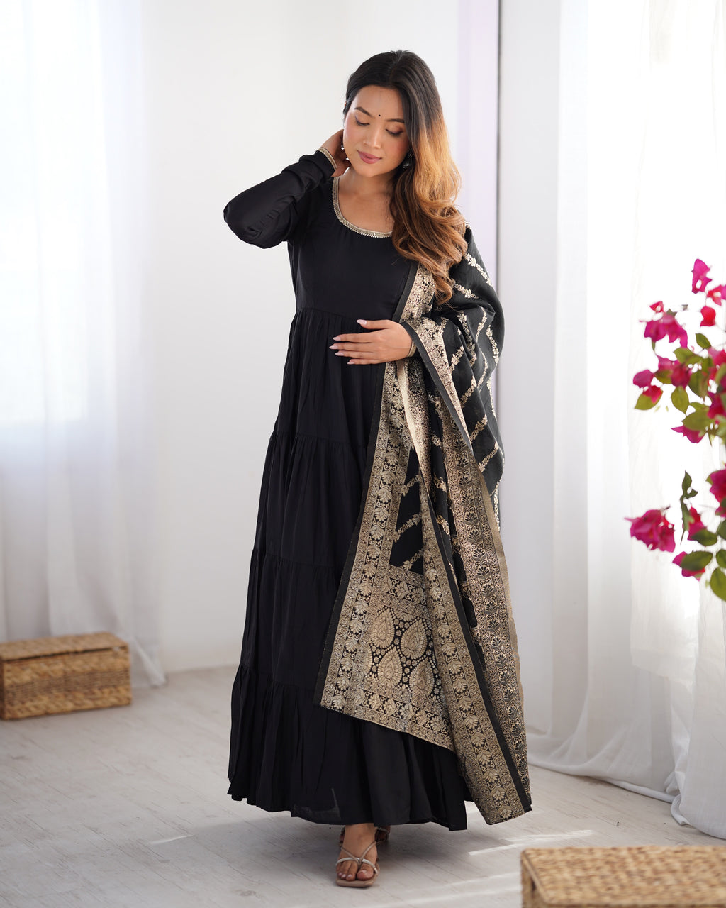Romansilk Chanderi 9M+ Flair Anarkali Set with Padded Yoke & Banarasi Jacquard Dupatta