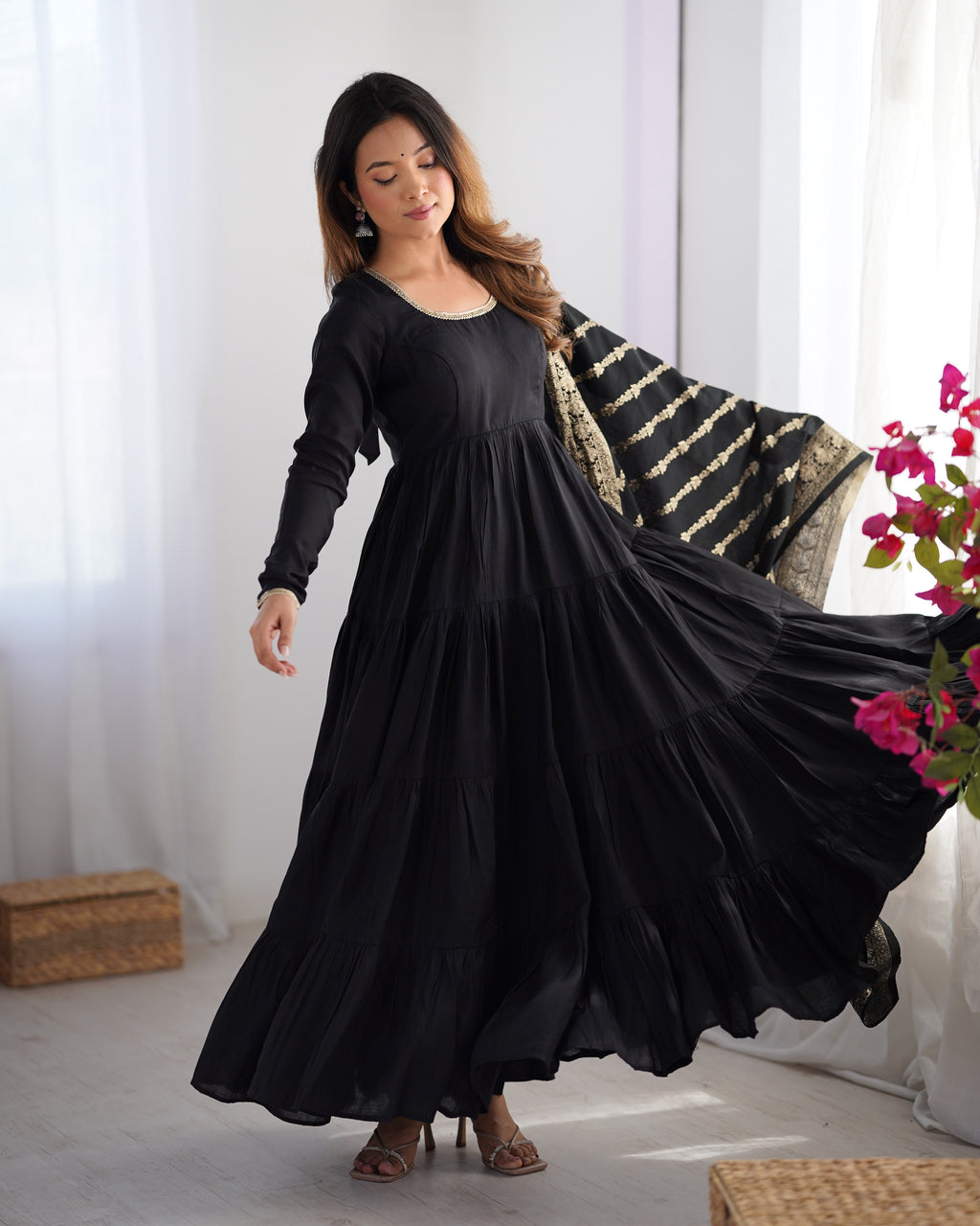 Romansilk Chanderi 9M+ Flair Anarkali Set with Padded Yoke & Banarasi Jacquard Dupatta
