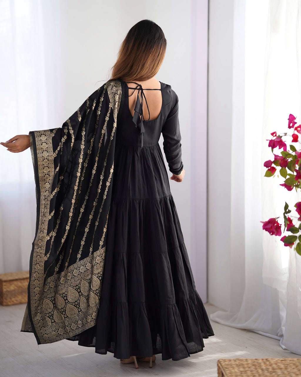 Romansilk Chanderi 9M+ Flair Anarkali Set with Padded Yoke & Banarasi Jacquard Dupatta