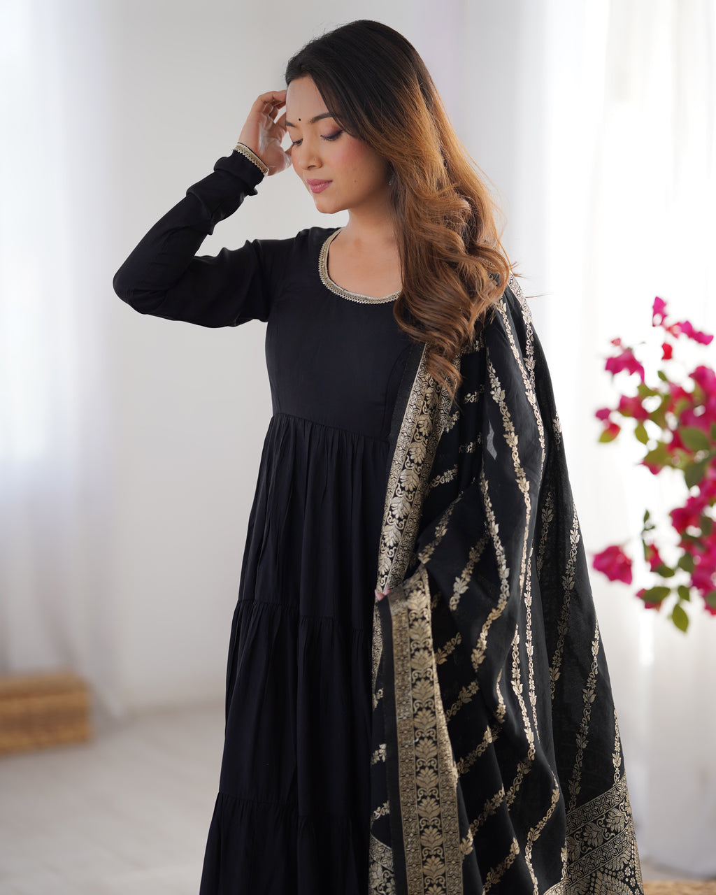 Romansilk Chanderi 9M+ Flair Anarkali Set with Padded Yoke & Banarasi Jacquard Dupatta