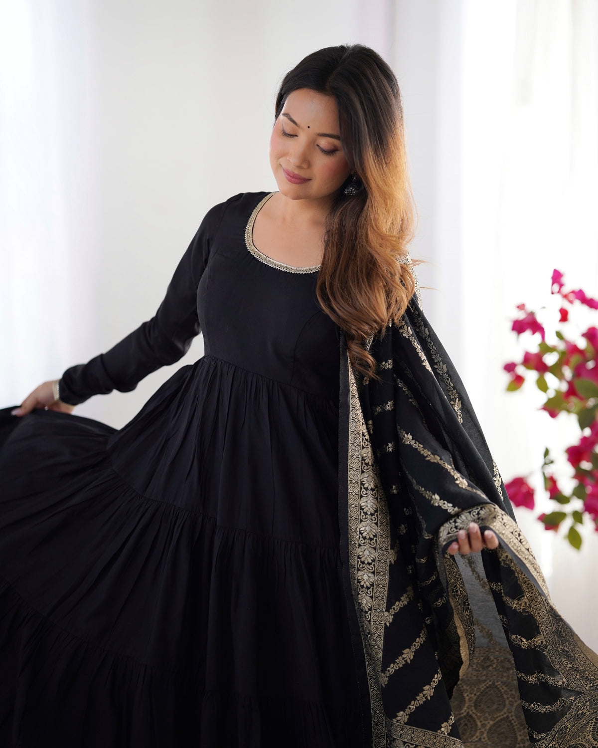 Romansilk Chanderi 9M+ Flair Anarkali Set with Padded Yoke & Banarasi Jacquard Dupatta