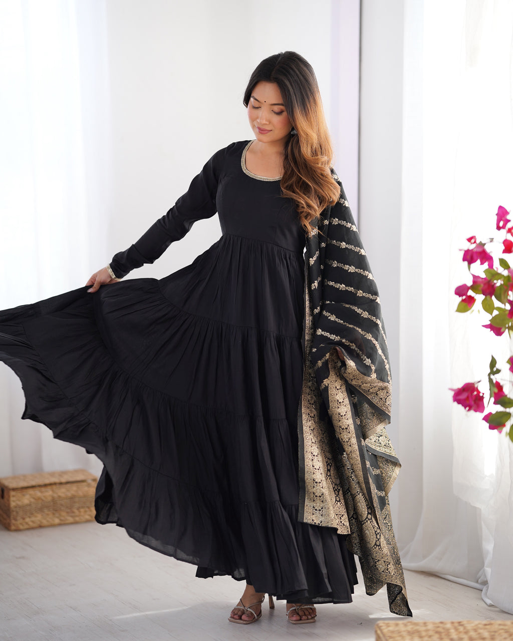 Romansilk Chanderi 9M+ Flair Anarkali Set with Padded Yoke & Banarasi Jacquard Dupatta
