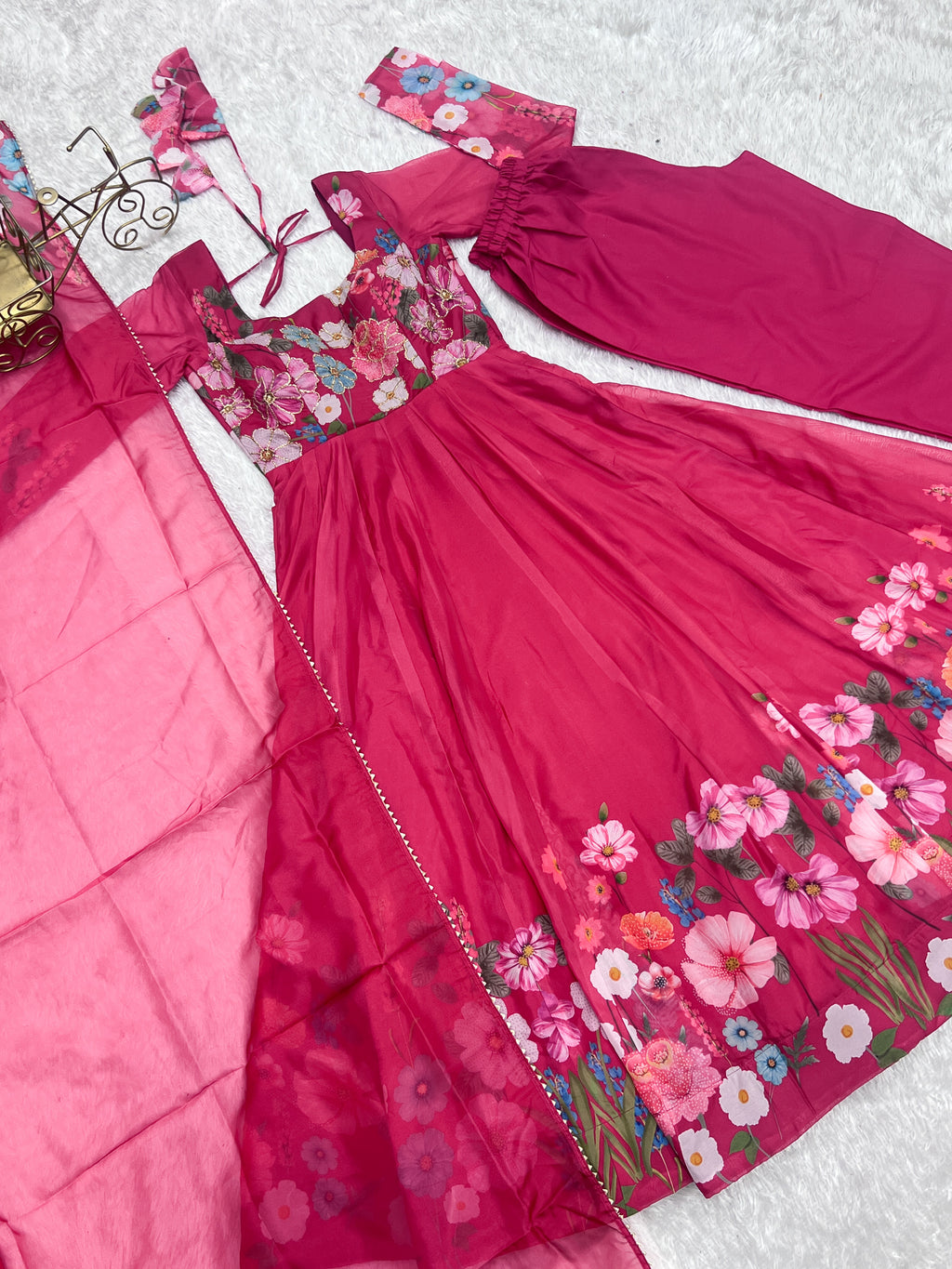 Floral Organza Silk Printed Anarkali with Badla Jari Handwork & Gota Patti Dupatta