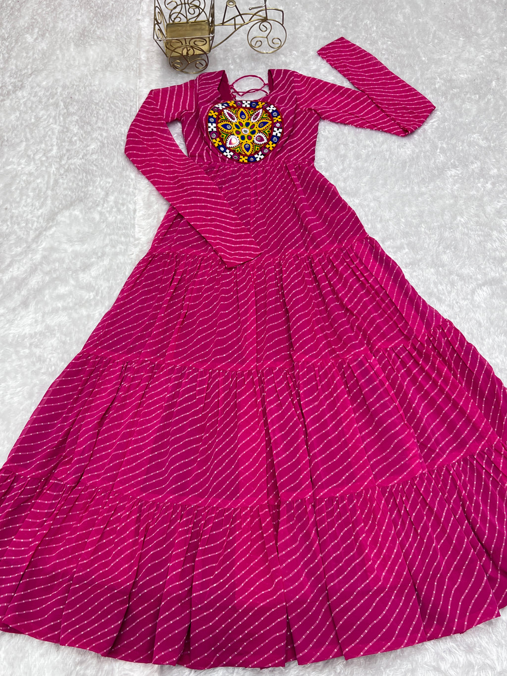Laheriya Print Faux Georgette 7M+ Flair Anarkali Gown with Gamthi Yoke & Back Dori