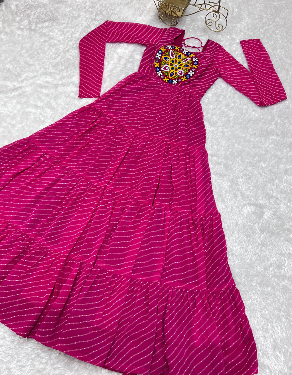 Laheriya Print Faux Georgette 7M+ Flair Anarkali Gown with Gamthi Yoke & Back Dori