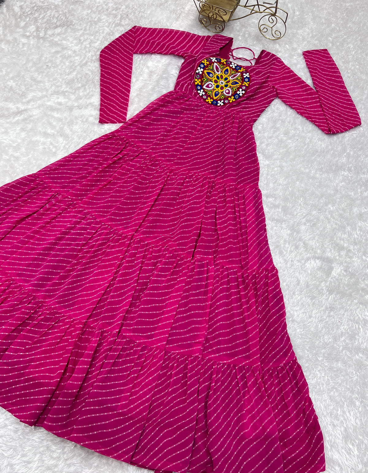 Laheriya Print Faux Georgette 7M+ Flair Anarkali Gown with Gamthi Yoke & Back Dori