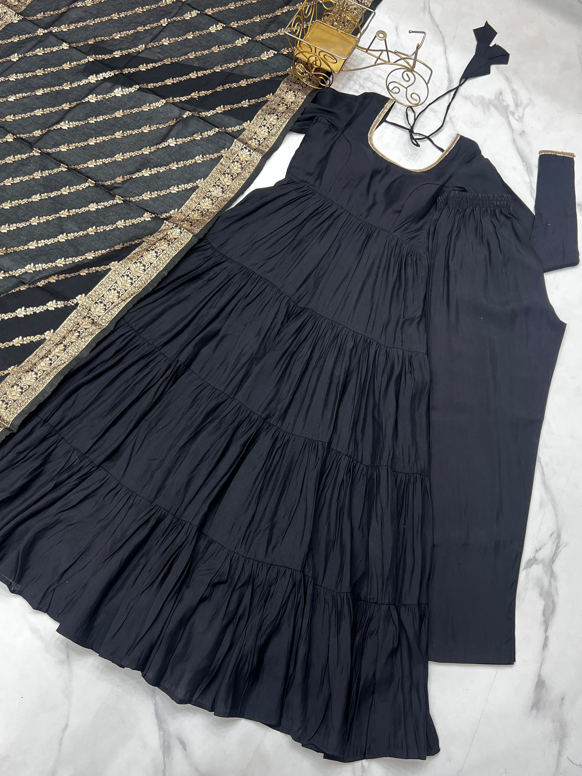 Romansilk Chanderi 9M+ Flair Anarkali Set with Padded Yoke & Banarasi Jacquard Dupatta