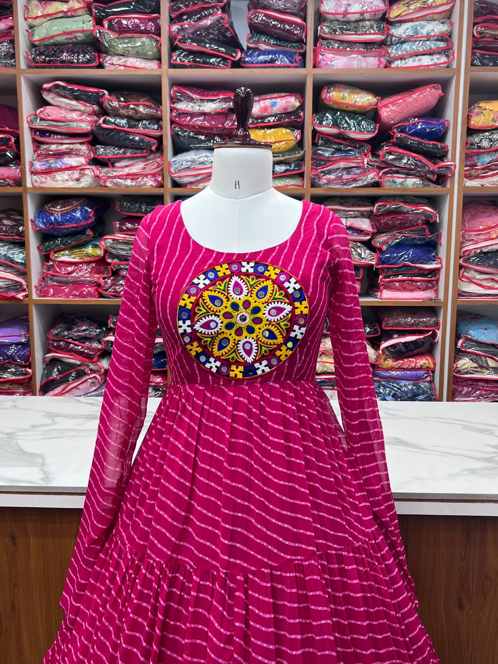 Laheriya Print Faux Georgette 7M+ Flair Anarkali Gown with Gamthi Yoke & Back Dori