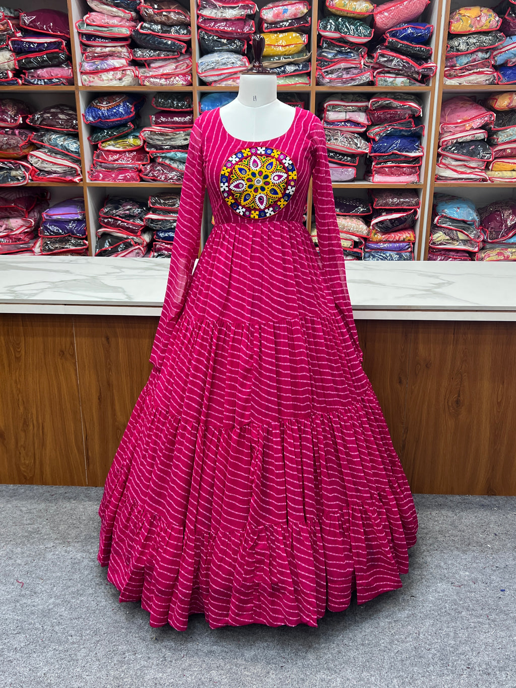 Laheriya Print Faux Georgette 7M+ Flair Anarkali Gown with Gamthi Yoke & Back Dori