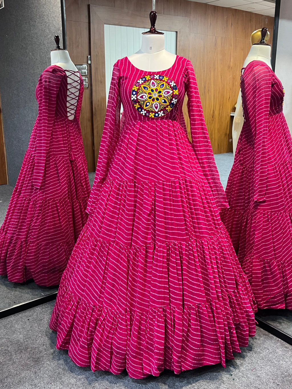 Laheriya Print Faux Georgette 7M+ Flair Anarkali Gown with Gamthi Yoke & Back Dori