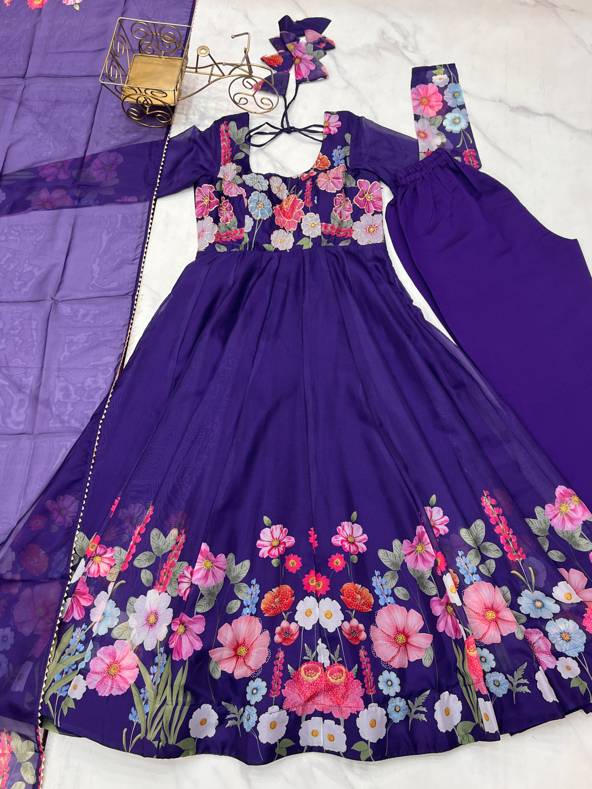 Floral Organza Silk Printed Anarkali with Badla Jari Handwork & Gota Patti Dupatta