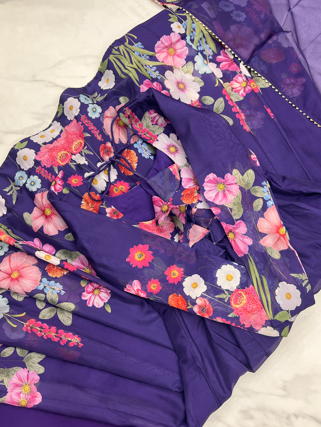 Floral Organza Silk Printed Anarkali with Badla Jari Handwork & Gota Patti Dupatta