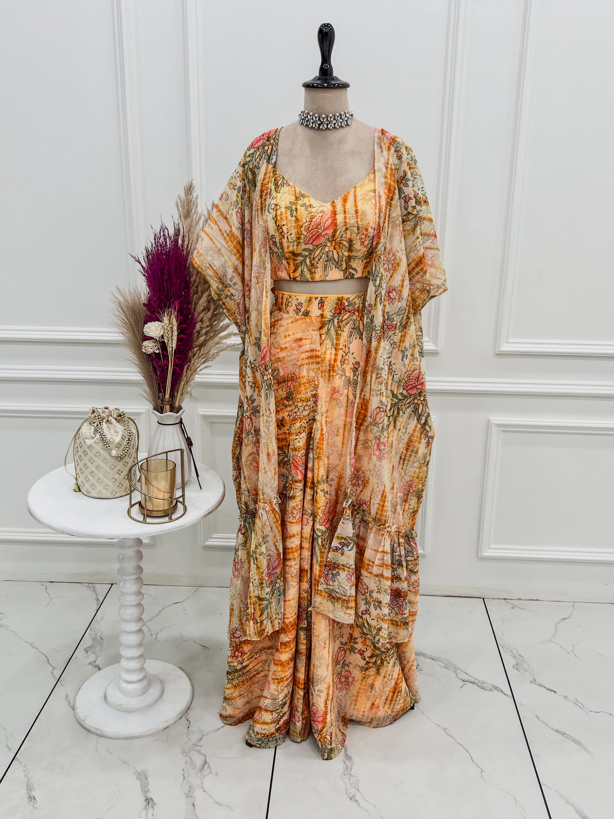 Floral Fox Georgette Indo-Western Shrug Set with Crop Top & Printed Palazzo