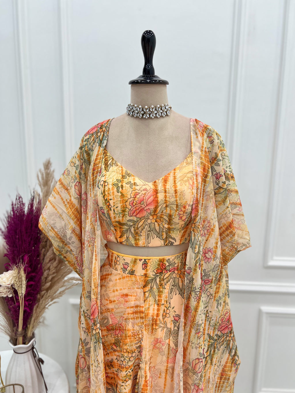 Floral Fox Georgette Indo-Western Shrug Set with Crop Top & Printed Palazzo