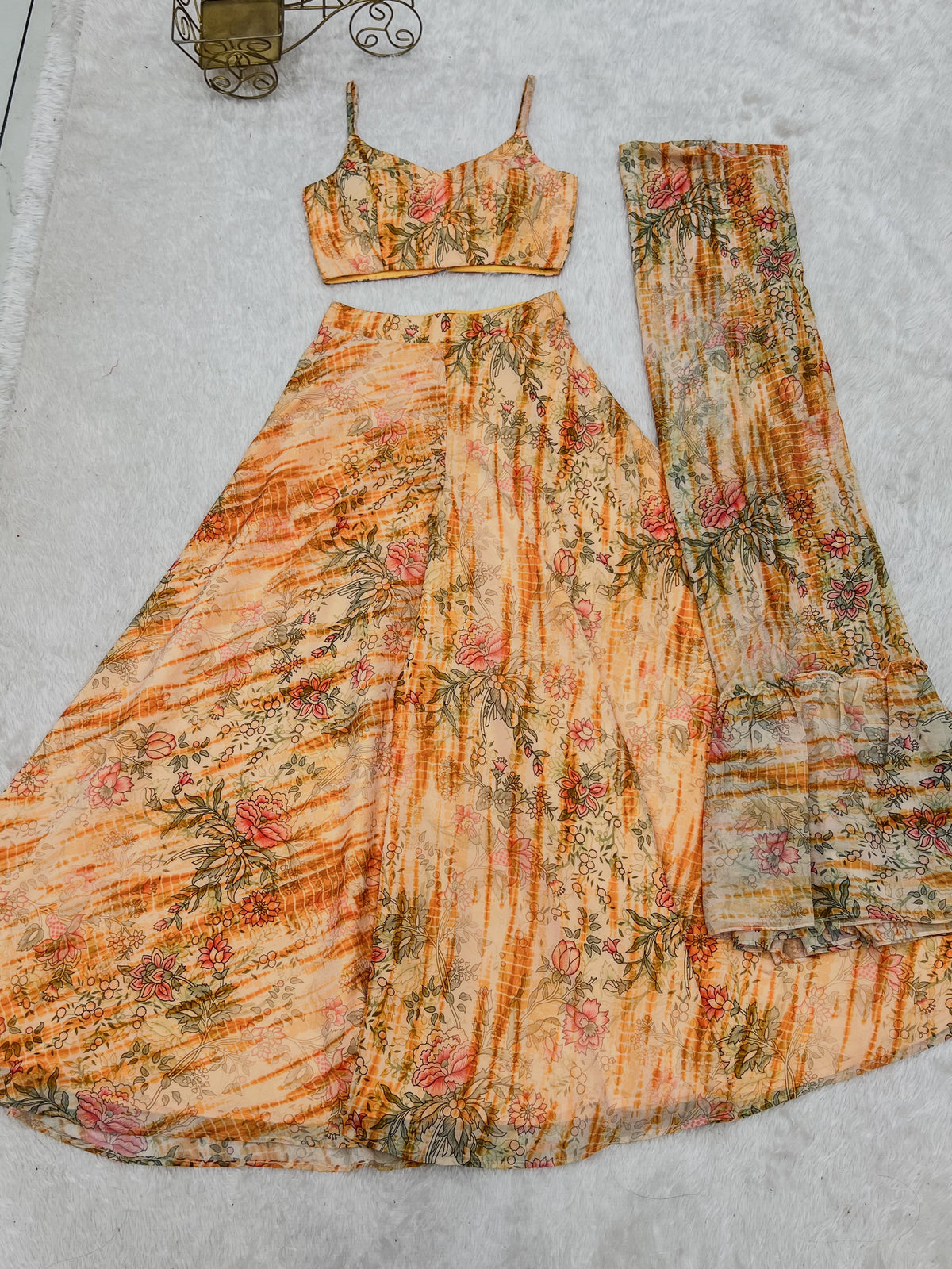 Floral Fox Georgette Indo-Western Shrug Set with Crop Top & Printed Palazzo