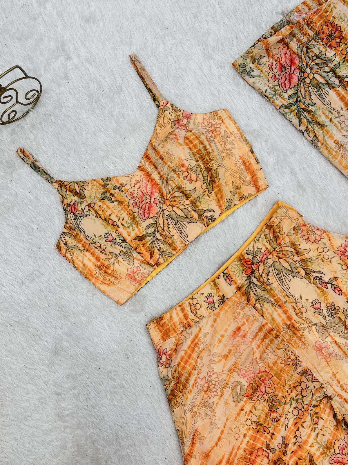 Floral Fox Georgette Indo-Western Shrug Set with Crop Top & Printed Palazzo