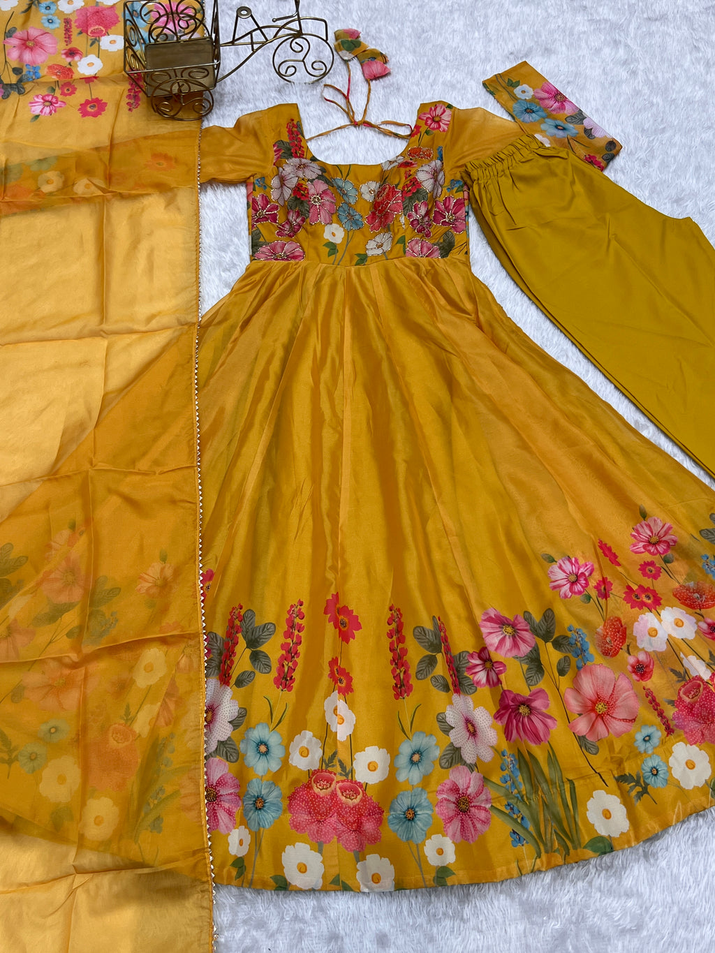 Floral Organza Silk Printed Anarkali with Badla Jari Handwork & Gota Patti Dupatta