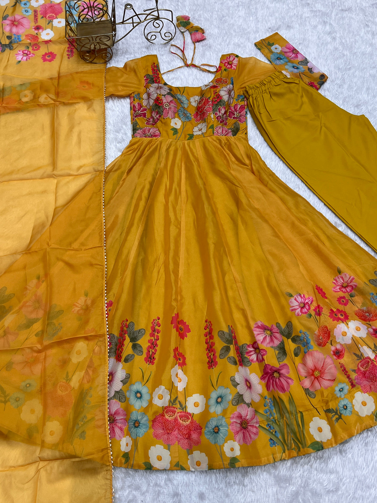 Floral Organza Silk Printed Anarkali with Badla Jari Handwork & Gota Patti Dupatta
