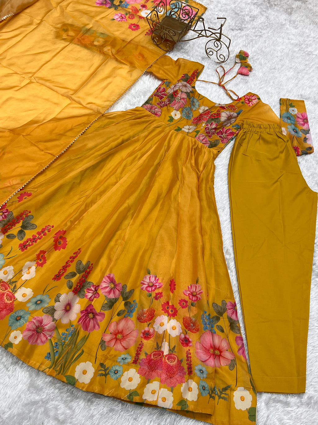 Floral Organza Silk Printed Anarkali with Badla Jari Handwork & Gota Patti Dupatta