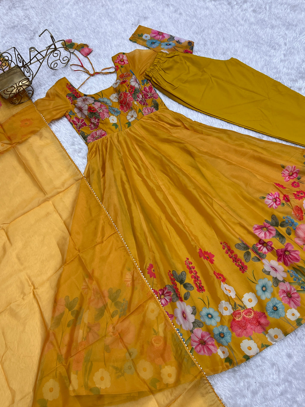 Floral Organza Silk Printed Anarkali with Badla Jari Handwork & Gota Patti Dupatta