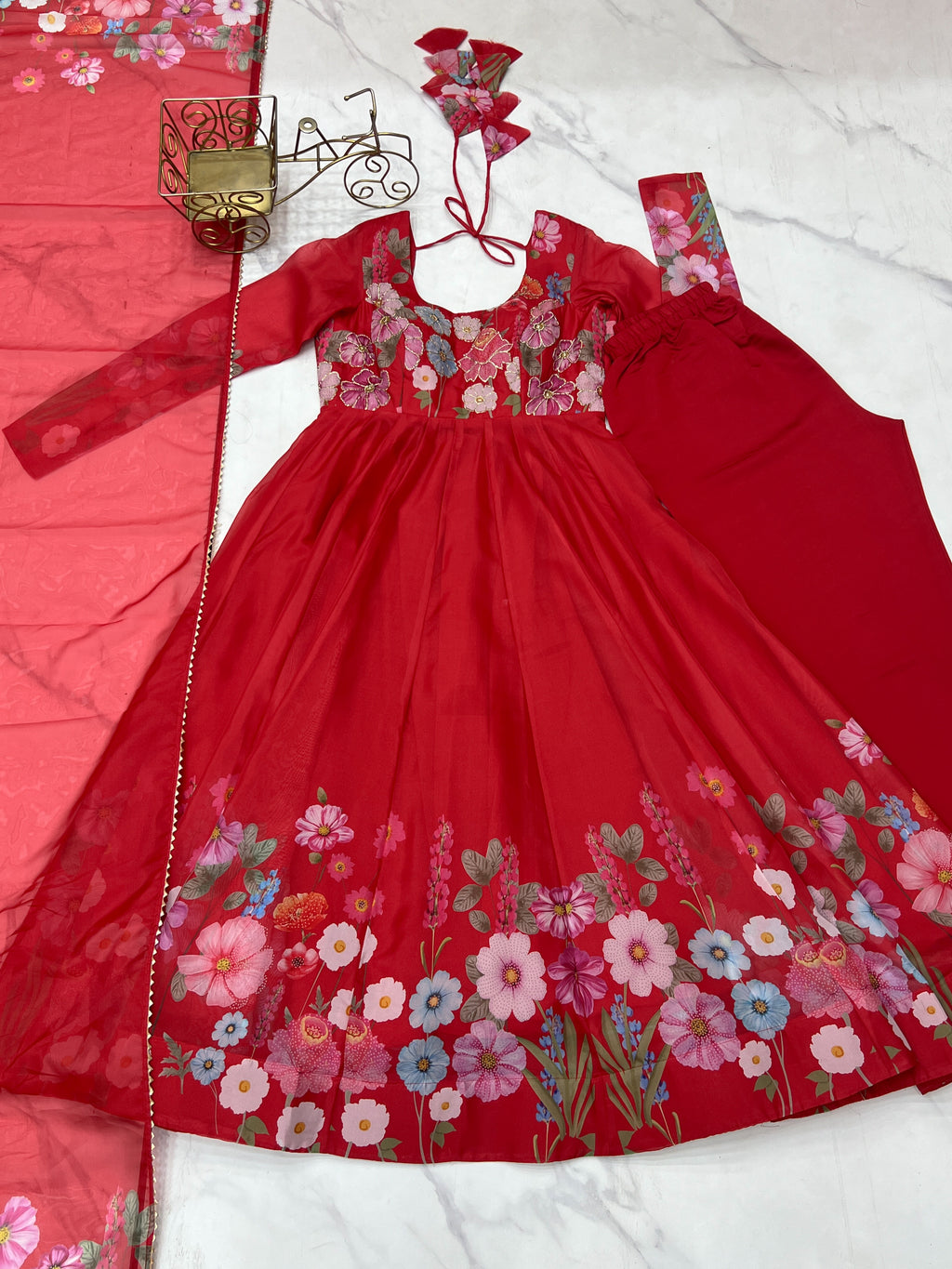 Floral Organza Silk Printed Anarkali with Badla Jari Handwork & Gota Patti Dupatta