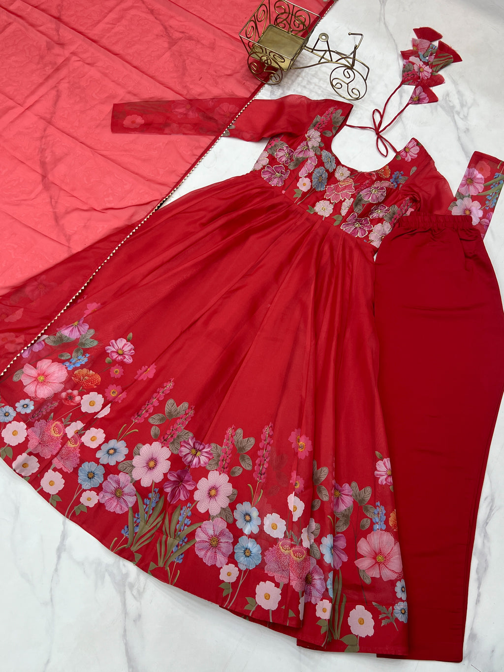 Floral Organza Silk Printed Anarkali with Badla Jari Handwork & Gota Patti Dupatta