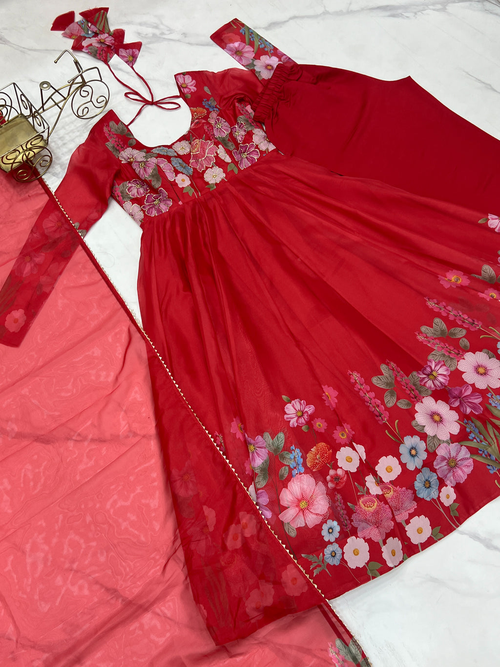 Floral Organza Silk Printed Anarkali with Badla Jari Handwork & Gota Patti Dupatta