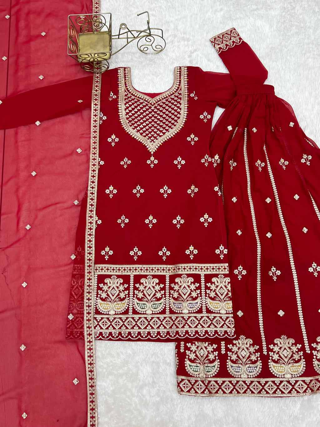 Pure Fox Georgette Embroidered Top with Sharara & Dupatta Set