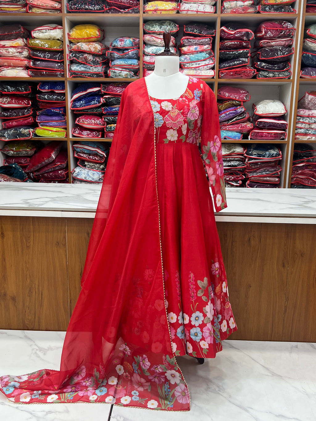 Floral Organza Silk Printed Anarkali with Badla Jari Handwork & Gota Patti Dupatta