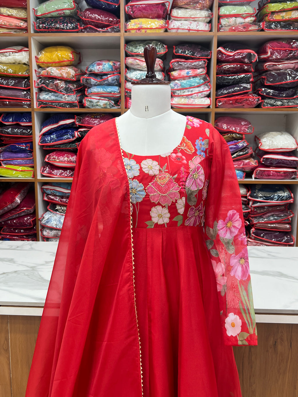 Floral Organza Silk Printed Anarkali with Badla Jari Handwork & Gota Patti Dupatta