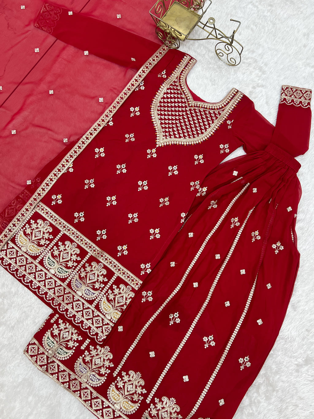 Pure Fox Georgette Embroidered Top with Sharara & Dupatta Set
