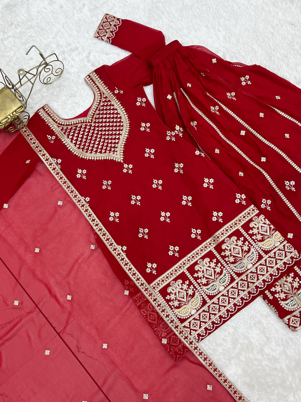 Pure Fox Georgette Embroidered Top with Sharara & Dupatta Set